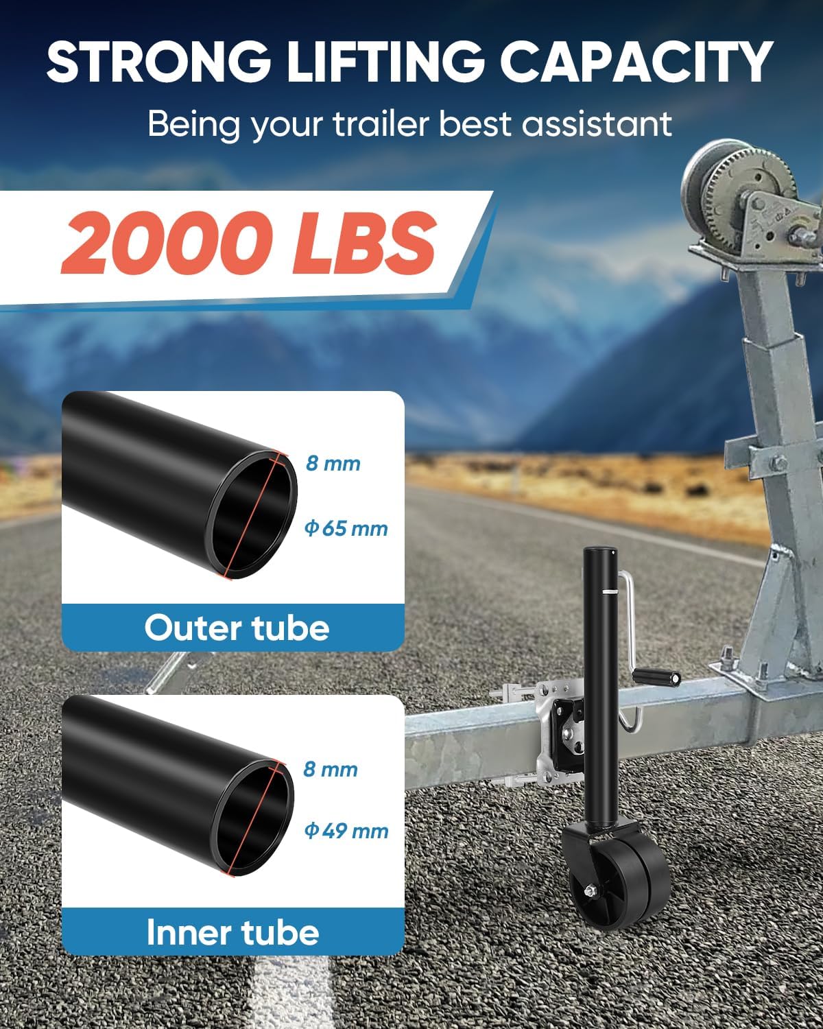 2000 lbs Heavy Duty Boat Trailer Jack - 6" Double Wheel RV Tongue Jack with 12" Lift (Black)