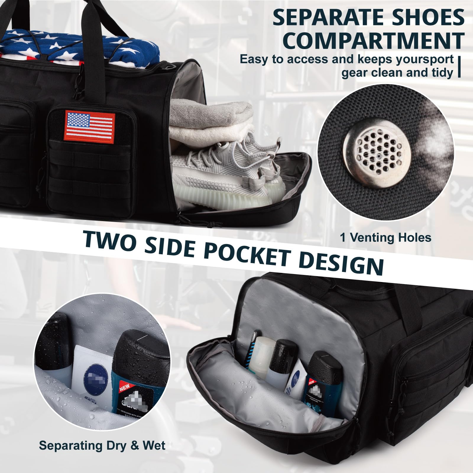 Tactical Gym Bag for Men，50L Large 3 in 1 Sports Duffle Bag with Shoes Compartment for Travel,Water Resistant Travel Backpack Weekender Overnight Bag with Wet Pocket for Women