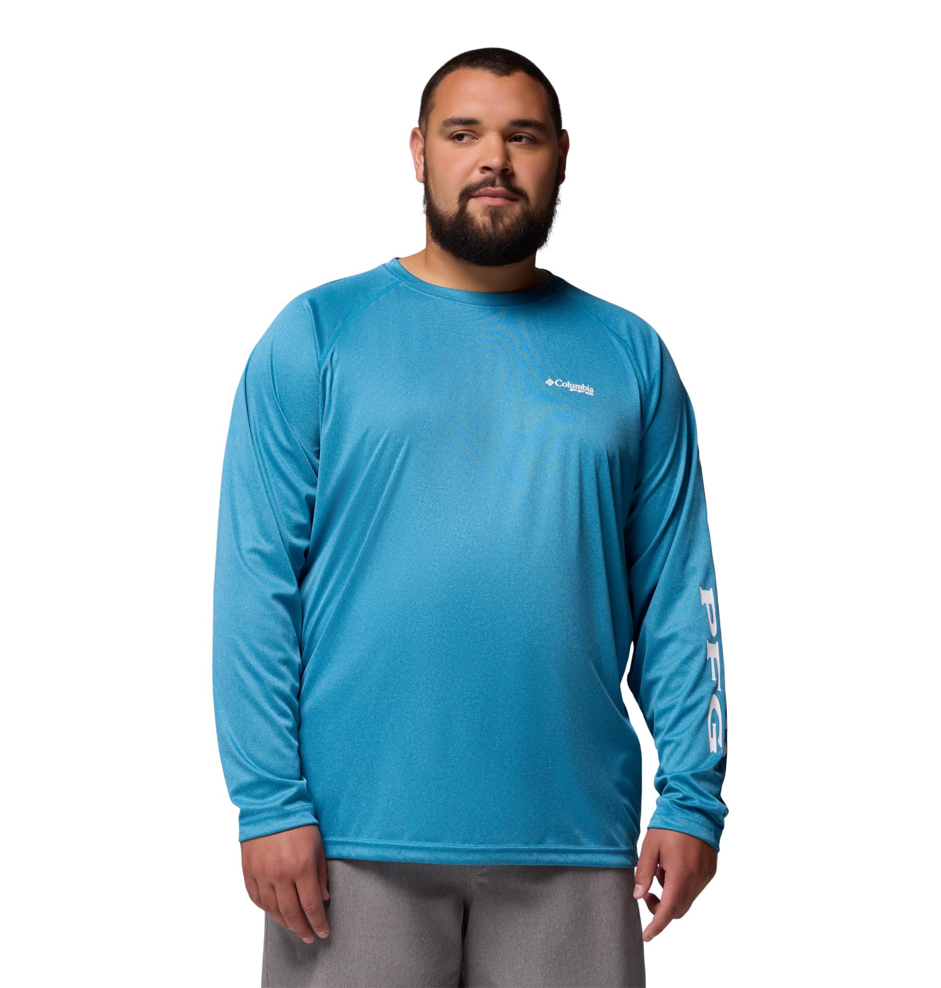 Columbia Men's PFG Terminal Tackle Long Sleeve Fishing Shirt, Blue Echo Heather/White Logo, 2X