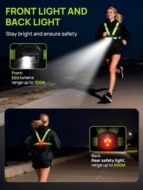 Acso Running Light - 500 Lumens Rechargeable Gear with 360° Reflective Vest | IPX5 Waterproof for Night Jogging