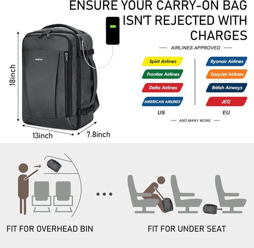 ECOHUB Travel Backpack - Airline Approved Personal Item Bag | Waterproof Gym Daypack with 13 Pockets, Light Grey