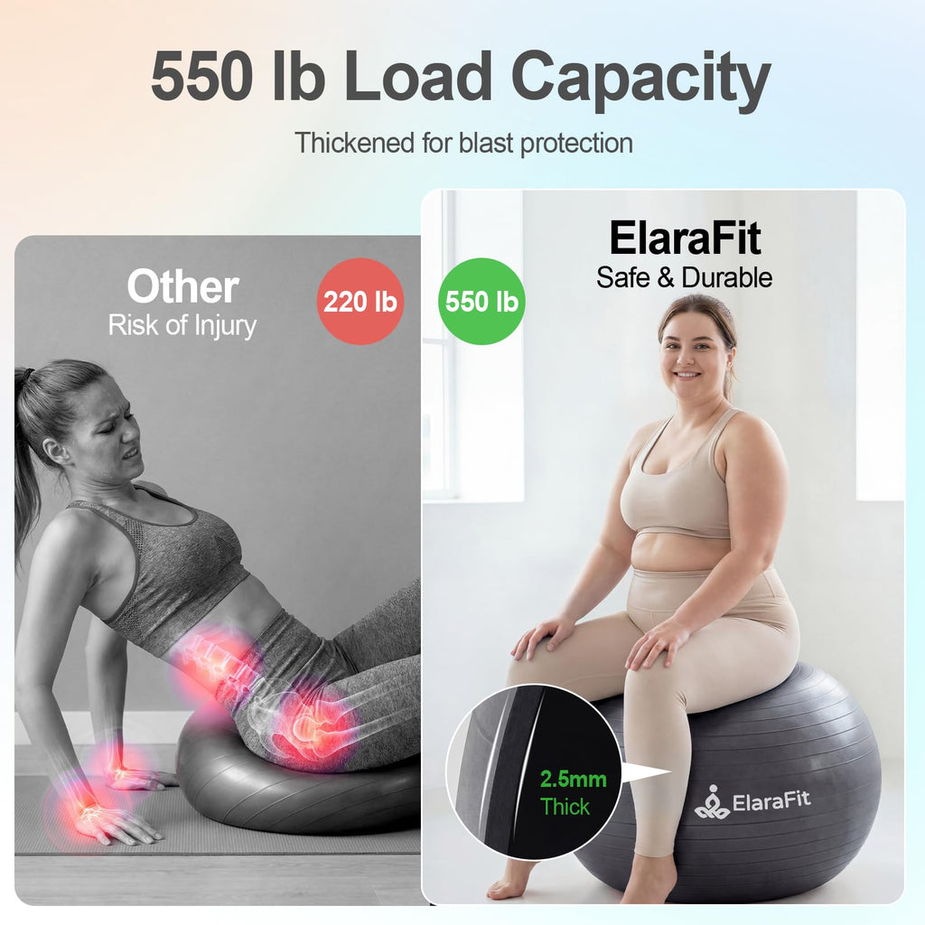 ElaraFit Anti Burst Large Exercise Ball for Yoga Non Slip Pilates Ball with Pump 550 lbs Capacity for Pregnancy, Fitness Size L 23 to 26 inches, About 58 to 65cm (Black)