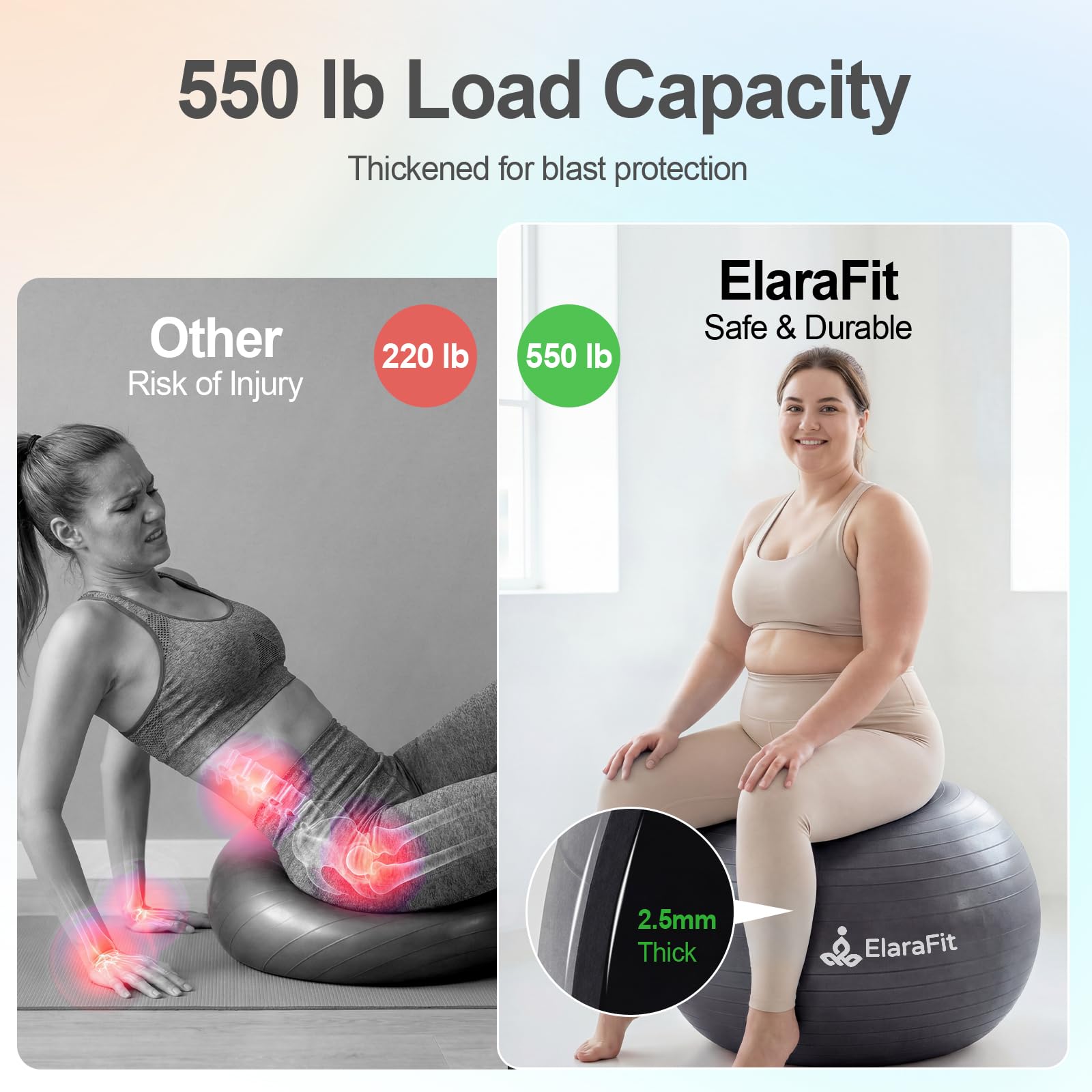 ElaraFit Anti Burst Large Exercise Ball for Yoga Non Slip Pilates Ball with Pump 550 lbs Capacity for Pregnancy, Fitness Size L 23 to 26 inches, About 58 to 65cm (Black)