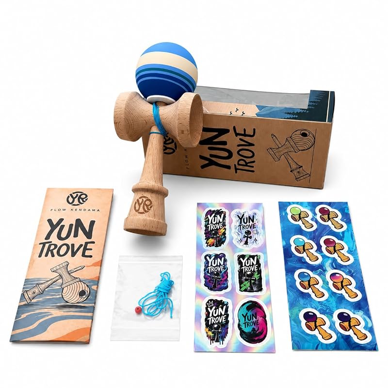 Kendama Beech Wood Skill Toy with Retro Stripe Ball Design - Ocean Breeze Variation