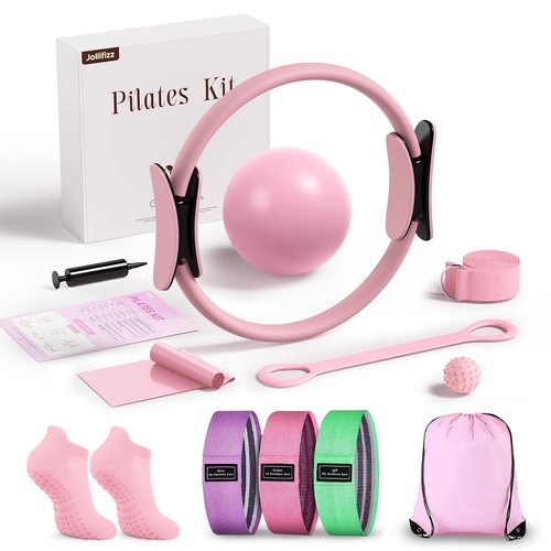 Pilates kit for Home, 12 Inch Pilates Ring and Ball Set，Pilates Equipment with 3 Fabric Resistance Bands, Massage Ball, Pilates Starter Kit for Strength, Toning, Including Workout Guide(Pink)