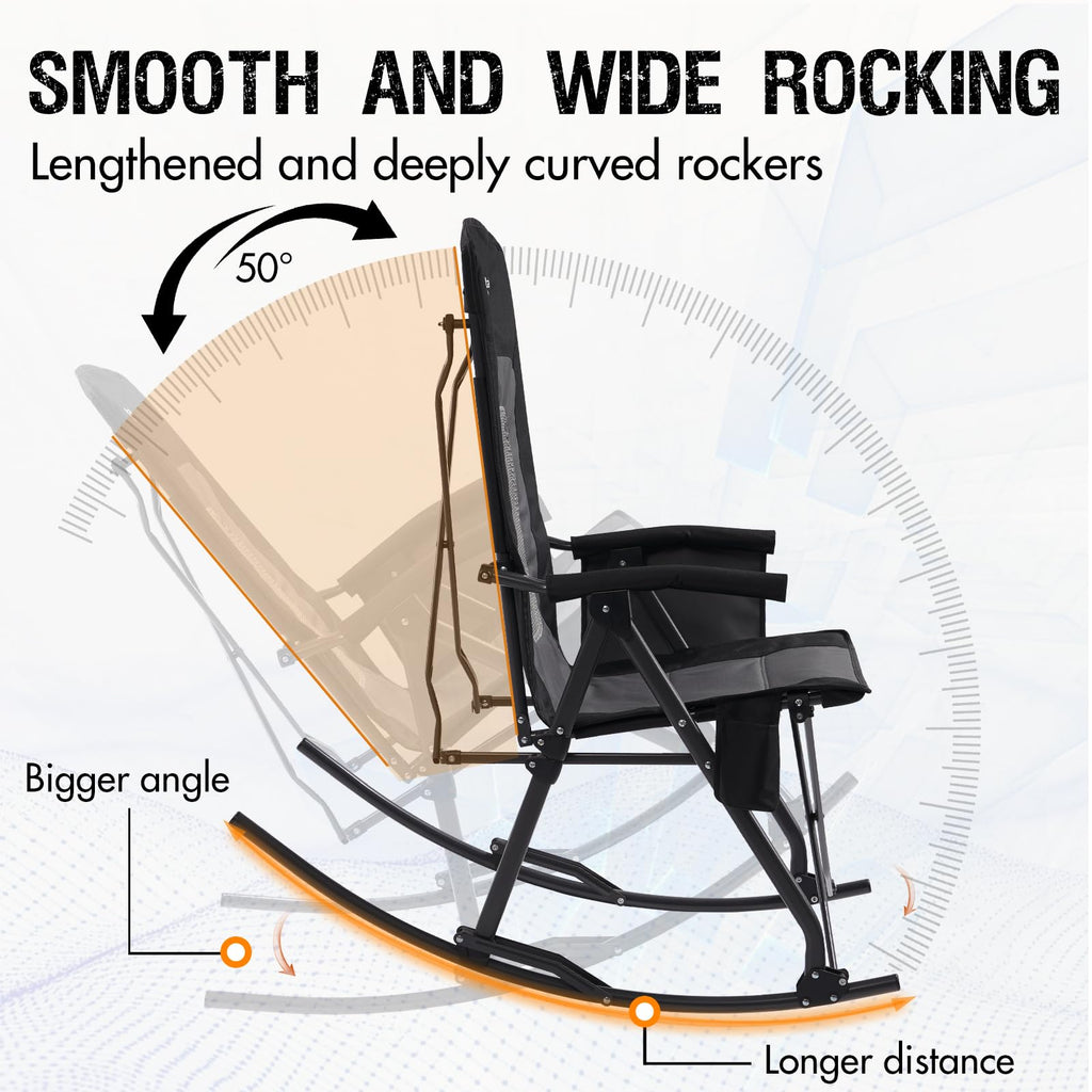 Portal Oversized Folding Rocking Camping Chair Portable Outdoor Rocker with High Back Hard Armrests Carry Bag, Supports 400 lbs, Mesh Back, Black & Grey