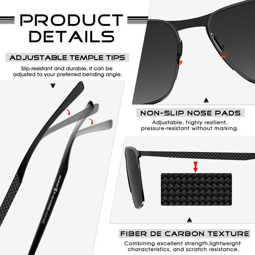 SIPLION Polarized Sunglasses for Men for Driving, UV Protection Carbon Fiber Frame Lightweight 2.0 Lenses for Fishing 8222 Black