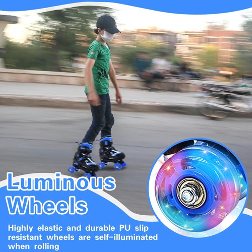 Kids Roller Skates for Boys Girls, 4 Size Adjustable Kids Rollerskates with Light Up Wheels, Quad Skates for Beginner Ages 5-8 8-12