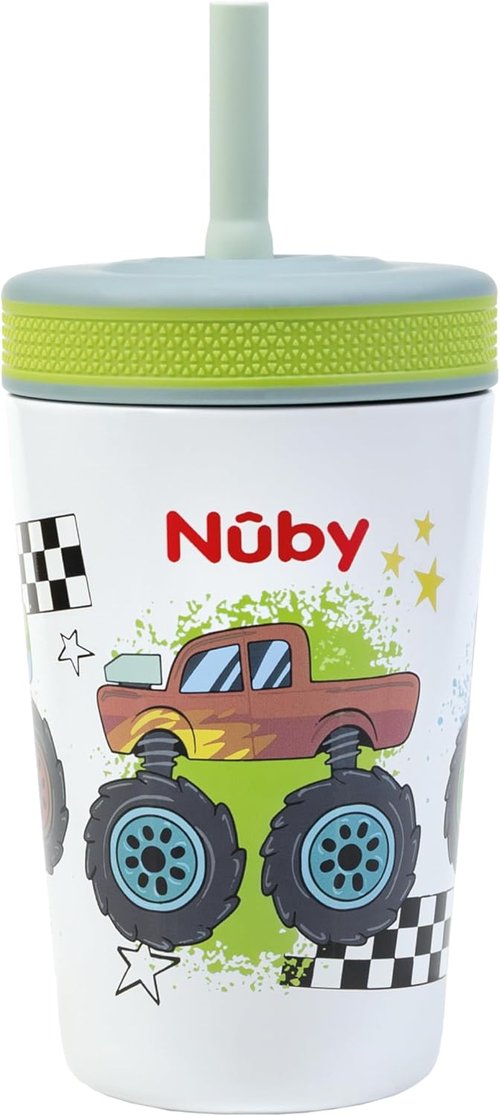 Nuby Thirsty Kids Insulated Toddler Cup - 12 oz Stainless Steel, Leak-Resistant with Silicone Flexstraw - Monster Trucks