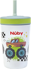 Nuby Thirsty Kids Insulated Toddler Cup - 12 oz Stainless Steel, Leak-Resistant with Silicone Flexstraw - Monster Trucks