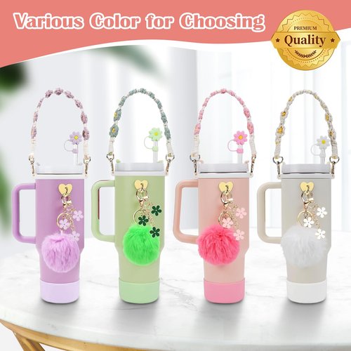 Stanley Cup Accessory Set: 7-Piece Bundle Including Straw Cover, Silicone Boot, Hand Strap, 4 Charms (Pink) for 40oz & 30oz Tumblers