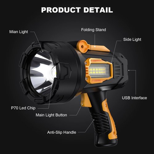 MIXILIN Rechargeable Spotlight 2,000,000 Lumens, Super Bright LED Spotlight Flashlight Outdoor with COB Light & Foldable Tripod, 10000ɱAh Long Lasting Large Handheld Spot Light for Boating Camping