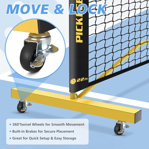 Fostoy Portable Pickleball Net with Wheels, Pickleball Set with 4 Fiberglass Paddles & 6 Pickleballs, Carry Bag, for Backyards Driveways and Garages (22ft & 11ft Net with 4 Fiberglass Paddles)