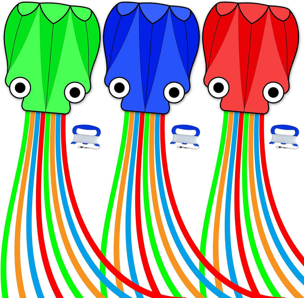SGftre Octopus Kites - Easy to Fly 3-Piece Set for Kids & Adults | Red, Blue, Green Colors