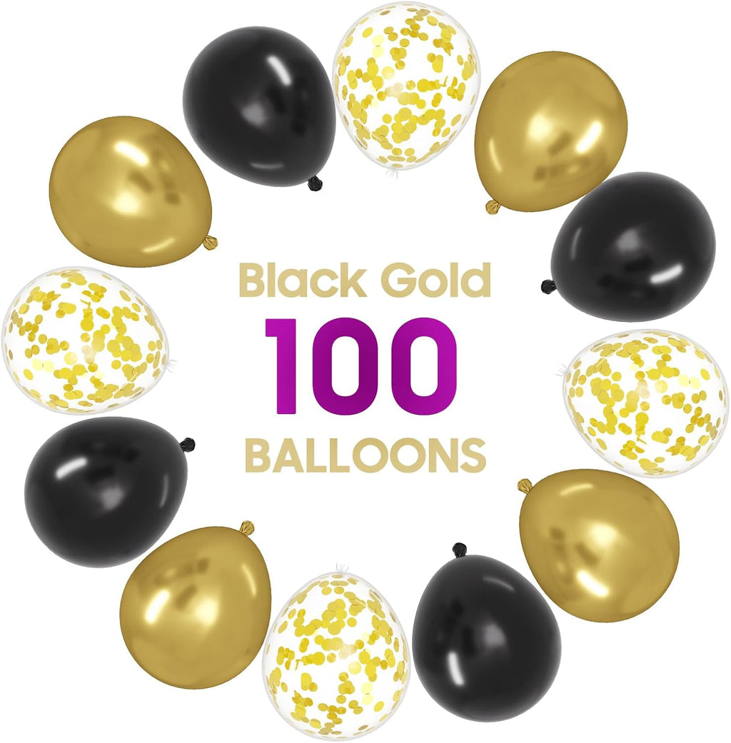 OWill Black and Gold Confetti Balloons - 100pcs 12" Balloons for Birthdays, Graduations & Weddings
