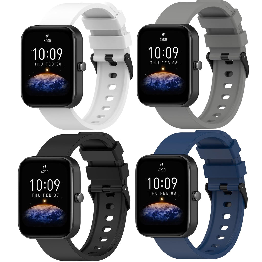 QHBAMD Silicone Bands Compatible for Amazfit Bip 3 Pro/Bip 3/ Bip U Pro/Bip U/Bip S/Bip Lite/Bip S Lite/Amazfit GTR 42 mm, 4 Pack 20mm Soft Replacement Wristband (Yellow Gray+ black+ blue+ white)