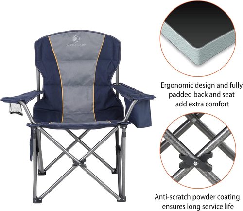 ALPHA CAMP Oversized Folding Camping Chair - Heavy Duty Portable Lawn Chair with Cooler Bag & Cup Holder | Supports 450 LBS