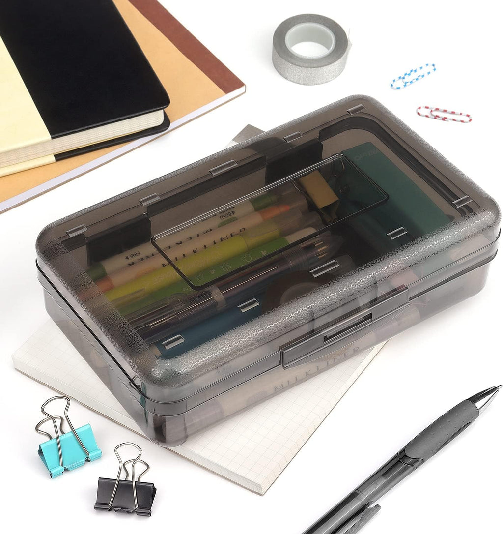 Tamaki Large Capacity Plastic Pencil Box - Clear Snap-Tight Lid & Stackable Design | Stylish Office Organizer, Black
