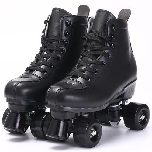 SCNUT Skates Women's Men's High Top Black PU Leather Classic Double Row Adjustable Outdoor Indoor Quad Skates and Roller Derby (Black Wheel, 45-Women's 11 / Men's 10)