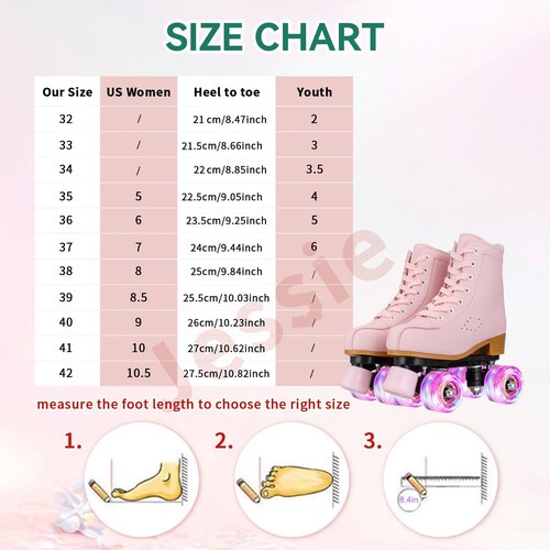 jessie Roller Skates for Girl and Women, PU Leather Light up Kids Roller Skates, Cute Adjustable Four-Wheel Beginner Youth Roller Skates Girls Ages 8-12 Outdoor Indoor (Youth 2, Pink)
