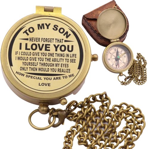to My Son Compass, Engraved Gift from Dad or Mom, Father-Son & Mother-Son Bonding Keepsake, Gift Compass, Brass Compass with Leather Case–Inspirational Quote for Birthday, Graduation, or Christmas