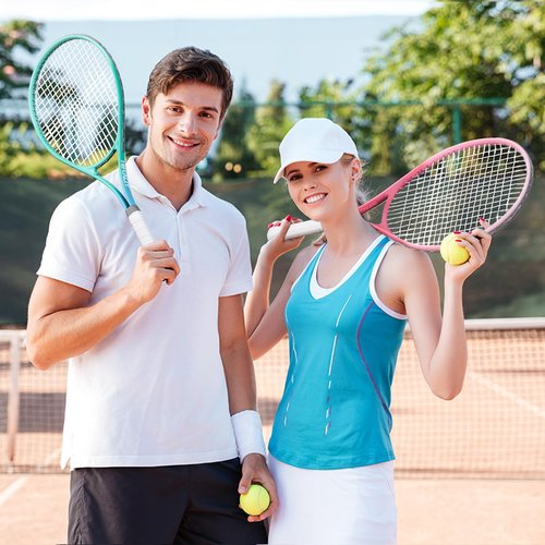 HIRALIY 27" Tennis Rackets Set for Adults, 2 Player Pre-Strung Tennis Racquets, 2 Overgrip Tapes,3 Balls, and 1 Carrying Bag, Outdoor Recreational Sport for Beginner (Pink/Green)
