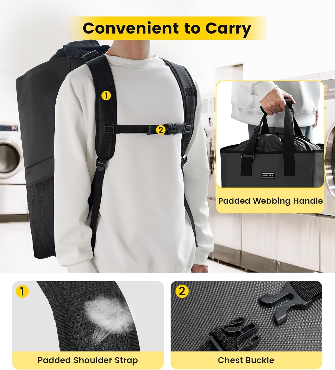 Vorspack Laundry Bag Backpack - Extra Large Heavy-Duty Laundry Hamper with Shoulder Straps | Black