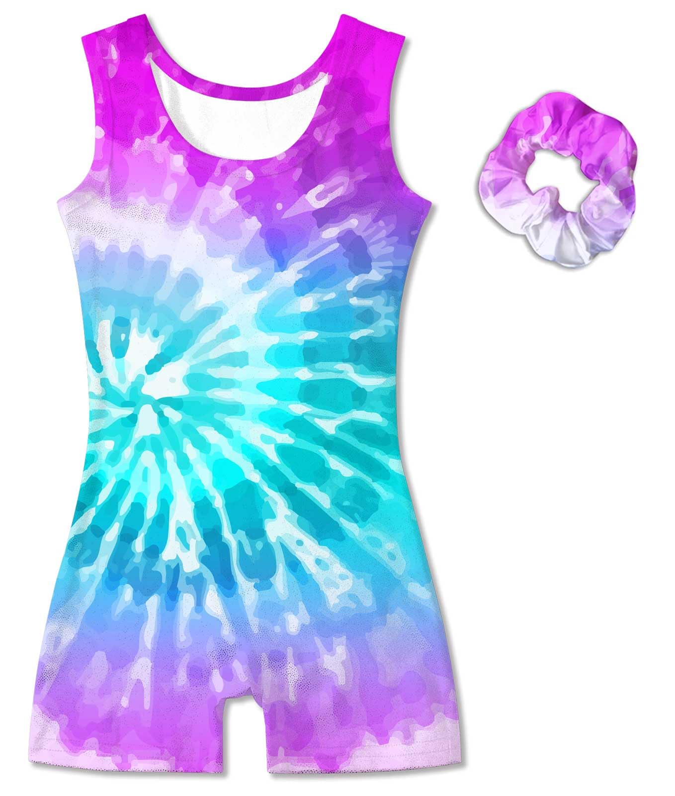 Vogseek Sparkly Gymnastics Leotards for Girls 4 5 Years Cute Psychedelic Tie Dye Shiny Ballet Dance Unitards Biketards with Hair Scrunchie Kids Tumbling Shorts Activewear Clothes