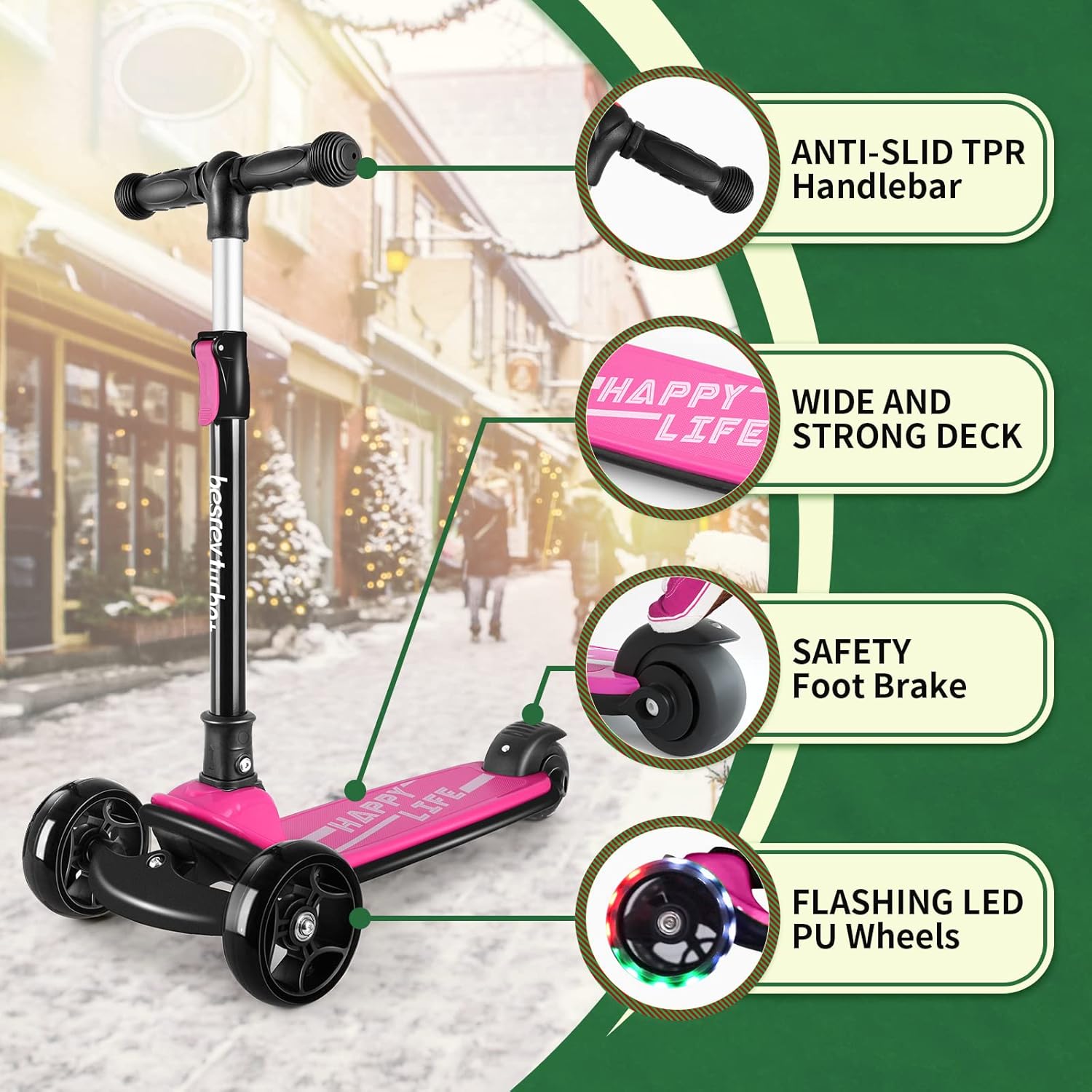 Besrey Kick Scooter for Kids | 3-Wheel Folding Design with Adjustable Height & LED Light Wheels