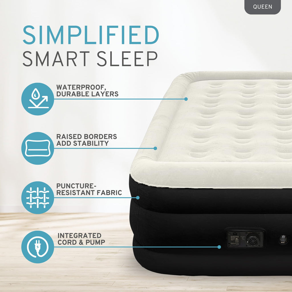 RestElevated Luxury Pillow Top Queen Size Air Mattress with Built in Pump | 20" Raised Height with Coil Beam Support | Adjustable Blow Up Air Bed | for Home, Guests and Camping [Black with Cream Top]