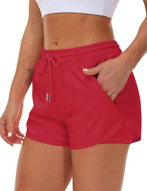 Mancreda Women's Running Shorts - Elastic Athletic Gym Shorts with 3 Zipper Pockets | Comfortable Liner
