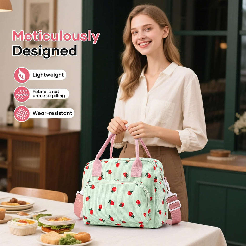 Skiennix Insulated Lunch Bag - Cute Corduroy Tote for Women | Reusable Cooler in Strawberry Design