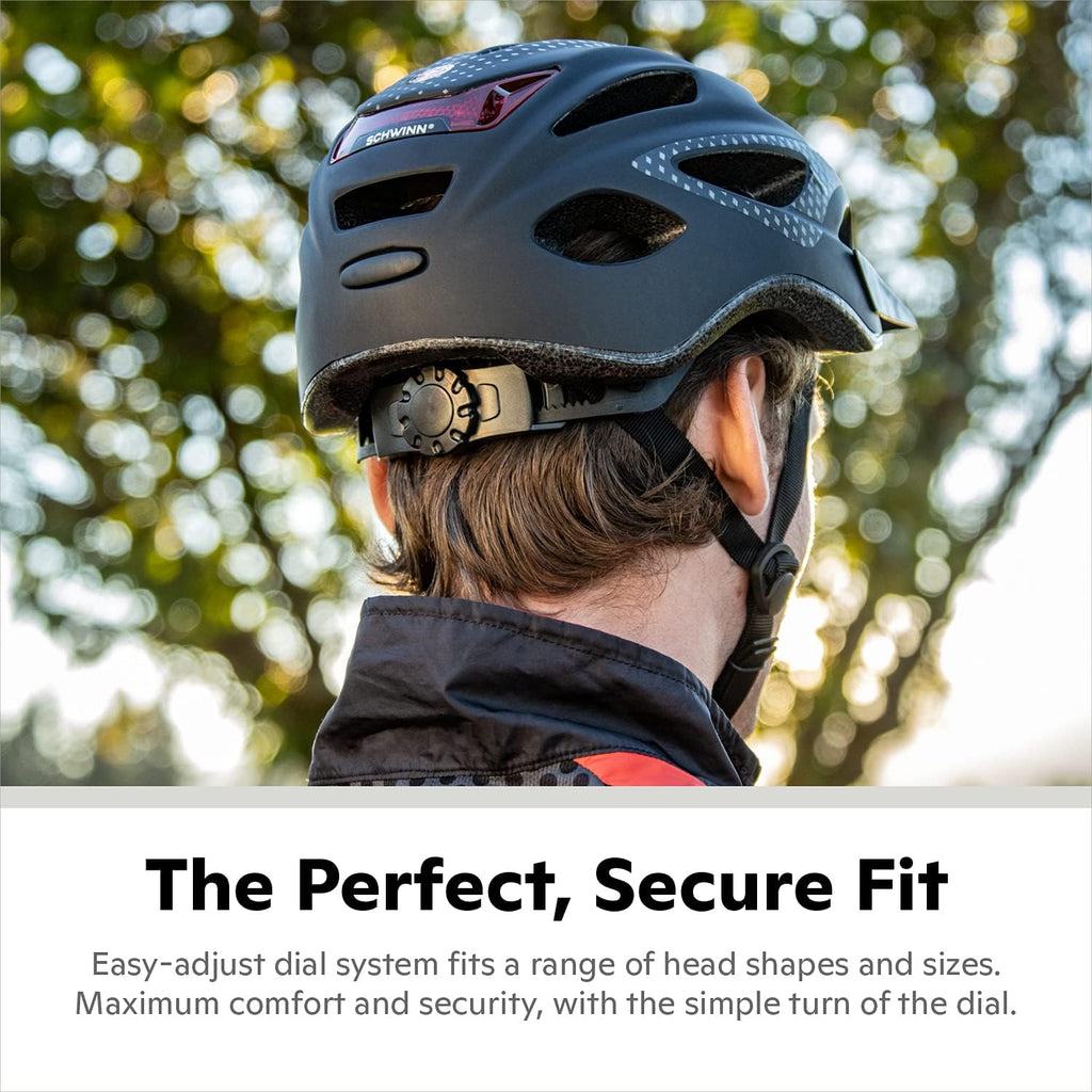 Schwinn Adult Bike Helmet - Lighted with Rear LED, Adjustable Fit 58-62 cm, 17 Air Vents, Removable Visor