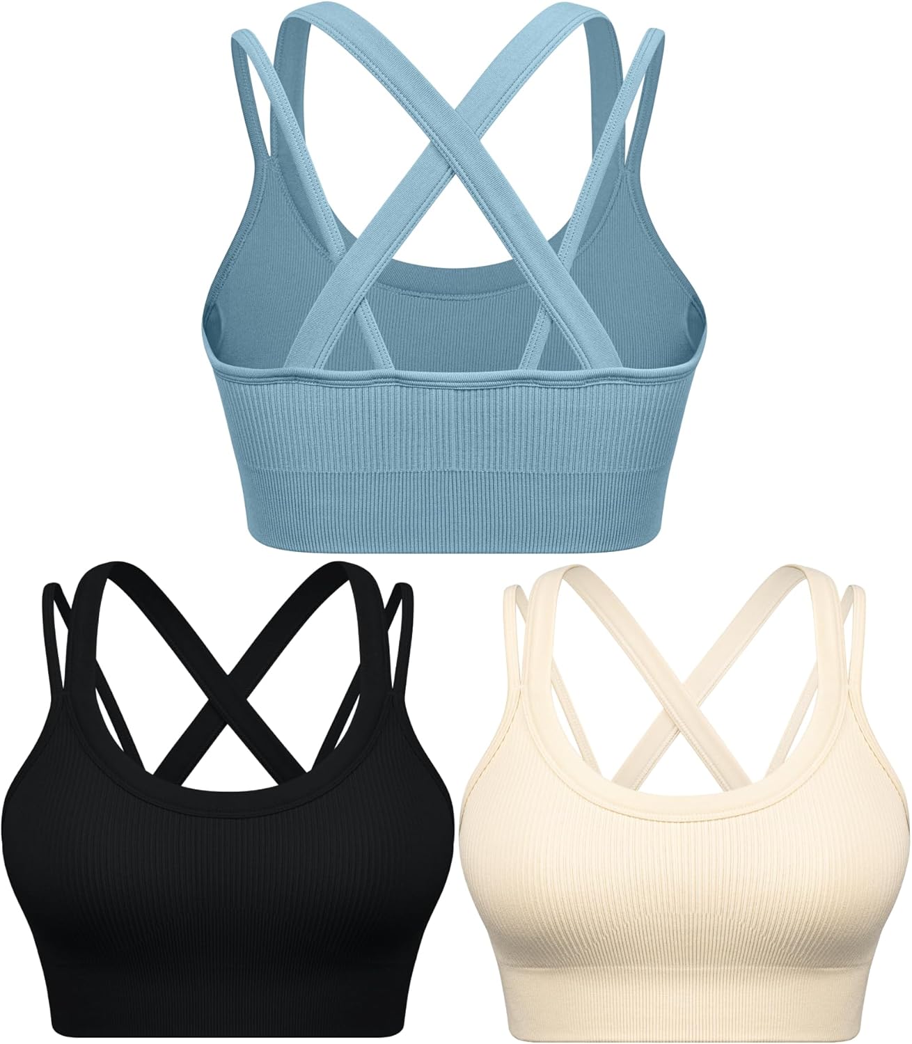 WANAYOU High Support Sports Bras for Women - Ribbed Strappy Criss Cross Back Workout Bra | Padded 3 Pack