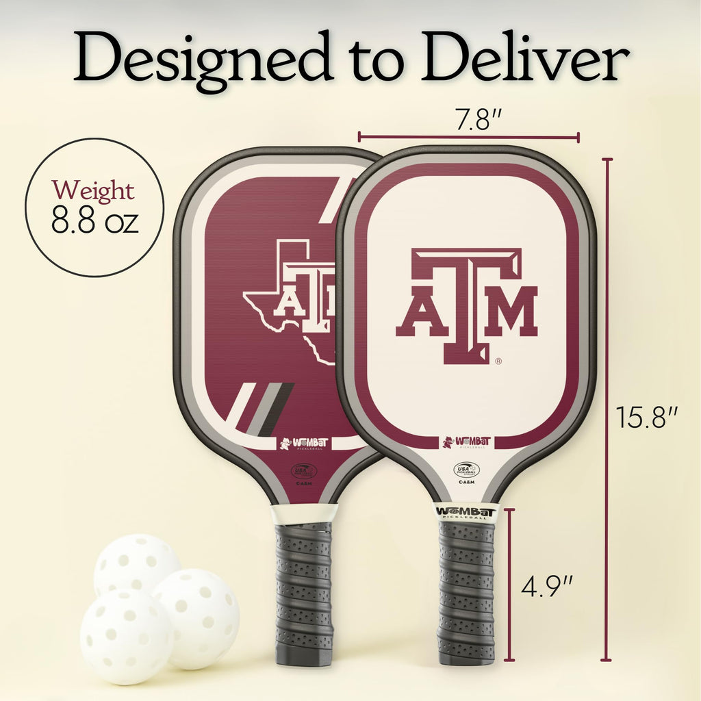 Wombat Pickleball – Texas A&M Pickleball Racquet – Micro-Textured Fiberglass Face, 16mm Honeycomb Core, Cold-Press, 8.8 oz, Reinforced Edge