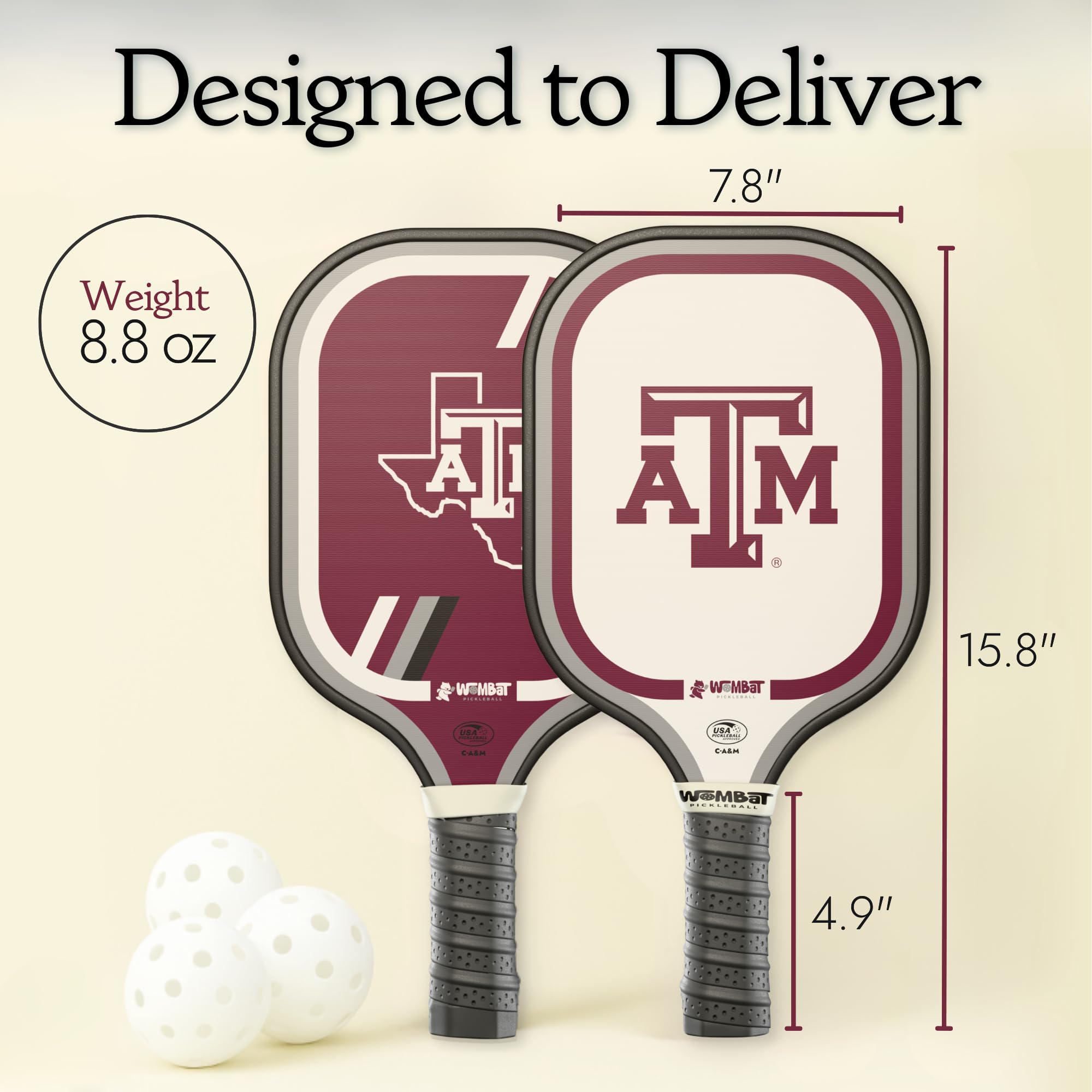 Wombat Pickleball – Texas A&M Pickleball Racquet – Micro-Textured Fiberglass Face, 16mm Honeycomb Core, Cold-Press, 8.8 oz, Reinforced Edge
