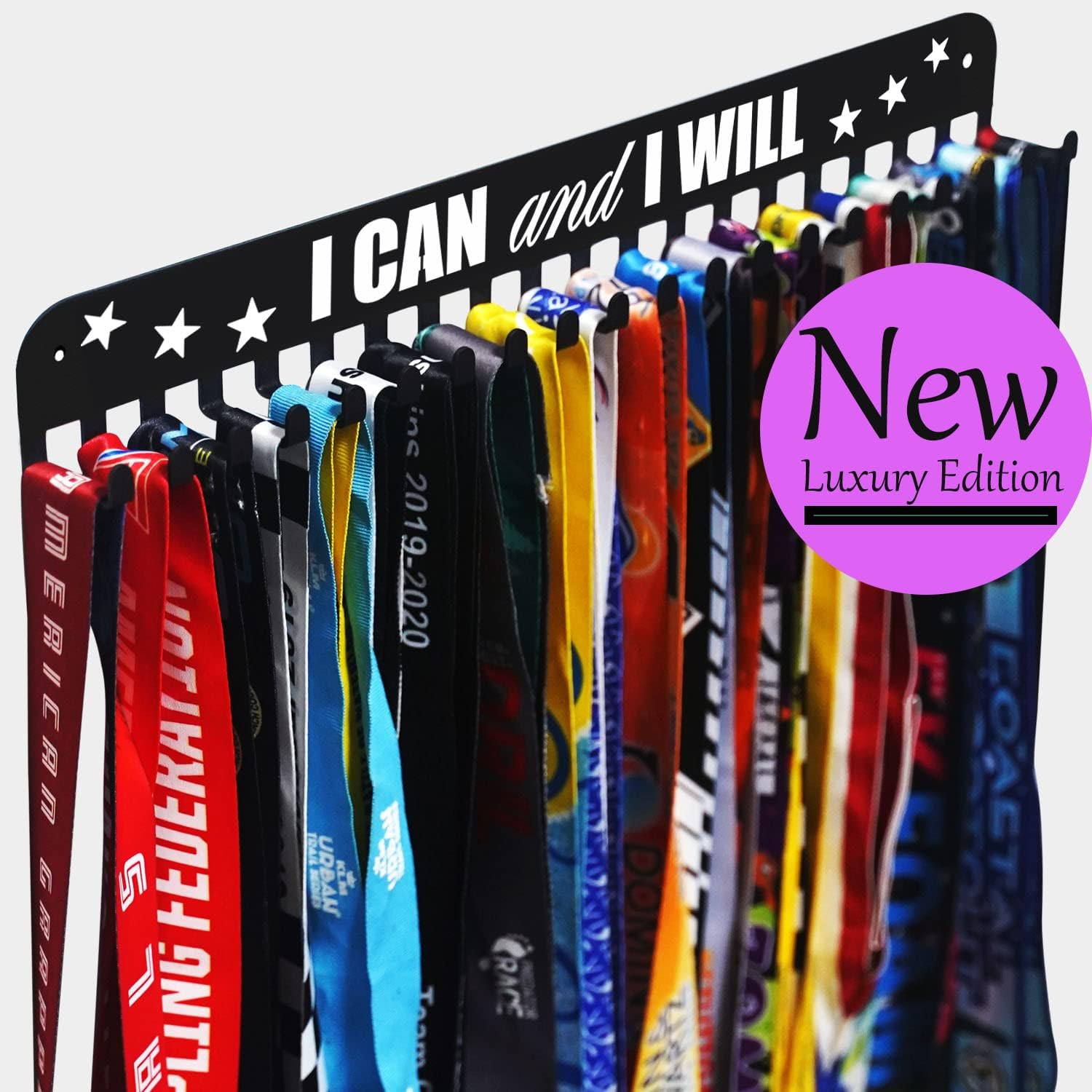 Premium Medal Display Hanger - "Never Give Up" Design with 20 Hooks | 16-Inch Wall-Mounted Medal Holder for Gymnastics, Race, Soccer, Swim