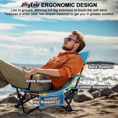 Joyfair Beach Camping Chair (2 Pack), Outdoor Folding Lawn Chair for Adults, Heavy Duty Portable Chair with Armrest for Outside Fishing, Sport, Patio, Cup Holder & Storage Pocket, Carry Bag (Blue)