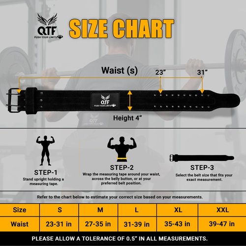 QTF Weight Lifting Belt Gym Exercise Workout, 4 inch Sued-Leather-Belt Padded Lumbar Back Support Men Women, 9 double Adjustable Holes, Powerlifting Bodybuilding Deadlift, Squat Fitness Strength Training Belt (Black, Large)