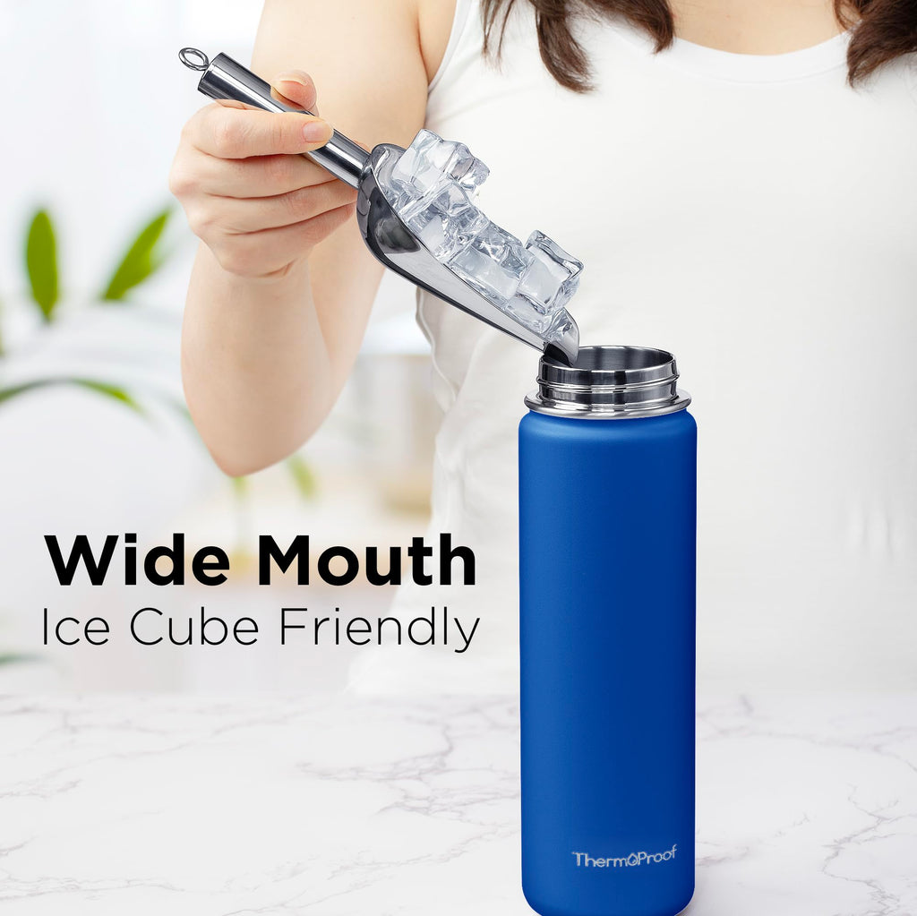 ThermoProof Double-Walled Vacuum Insulated Stainless Steel Water Bottle - Wide Mouth with Chug & Spout Lids, Dishwasher Safe, Reusable, Leakproof, Hot & Cold for Men, Women & Kids - 22oz, Blue