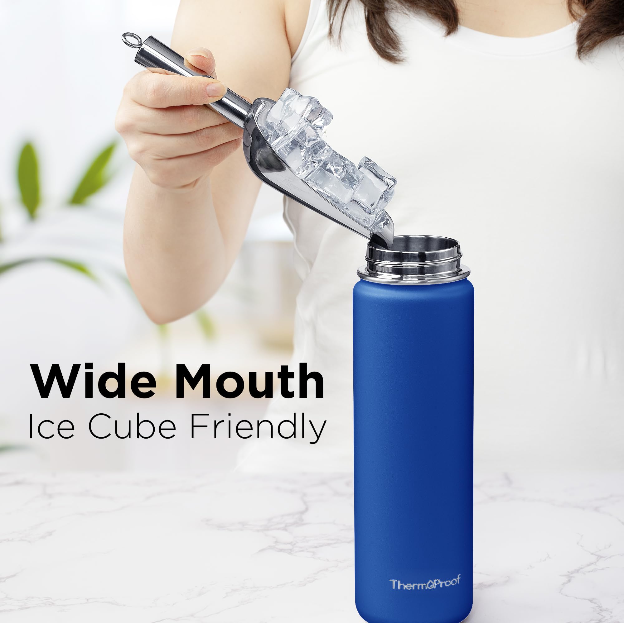 ThermoProof Double-Walled Vacuum Insulated Stainless Steel Water Bottle - Wide Mouth with Chug & Spout Lids, Dishwasher Safe, Reusable, Leakproof, Hot & Cold for Men, Women & Kids - 22oz, Blue
