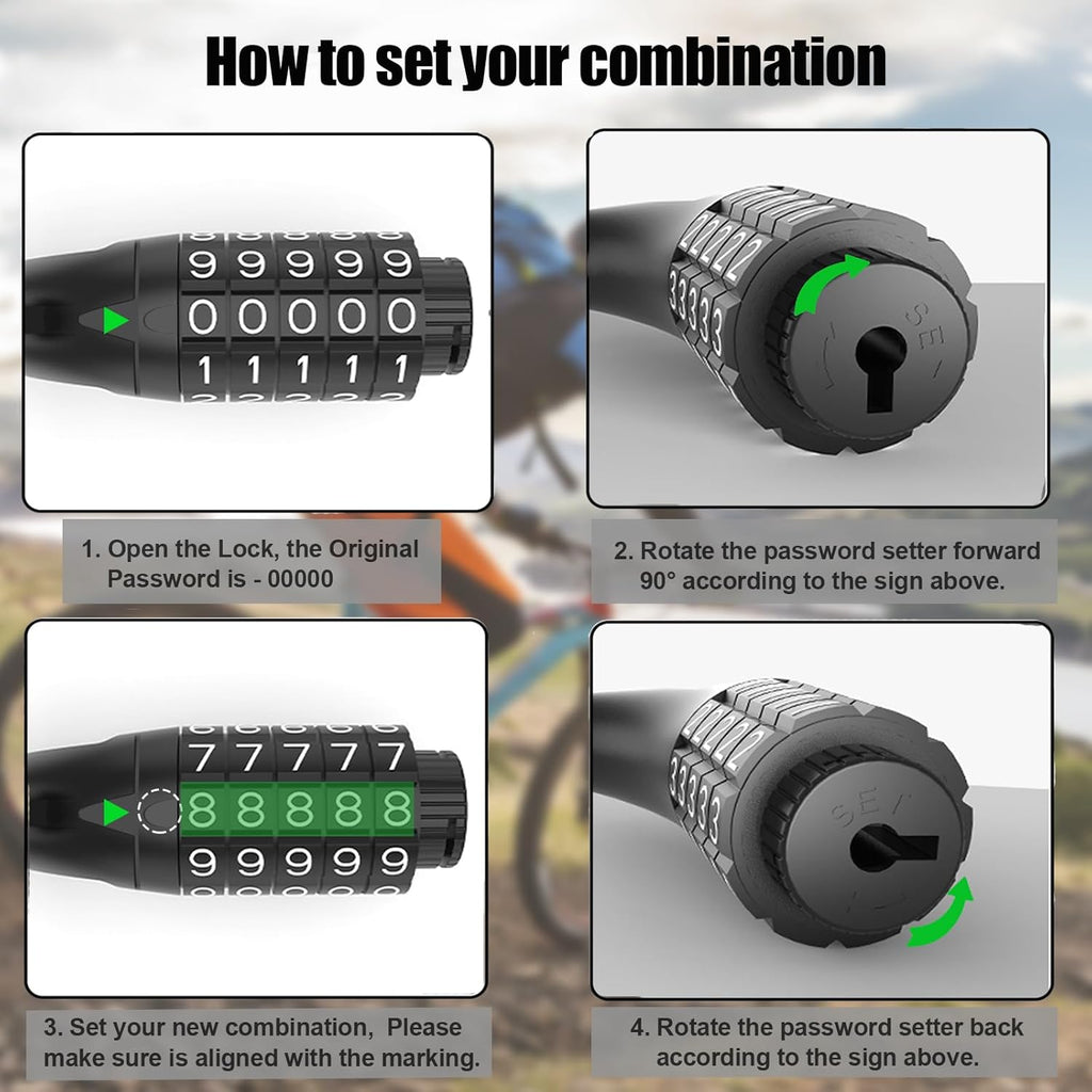 Skiennix Bike Lock - High-Security 5-Digit Combination Chain Lock for Bicycle, Scooter, Motorcycle, Gate