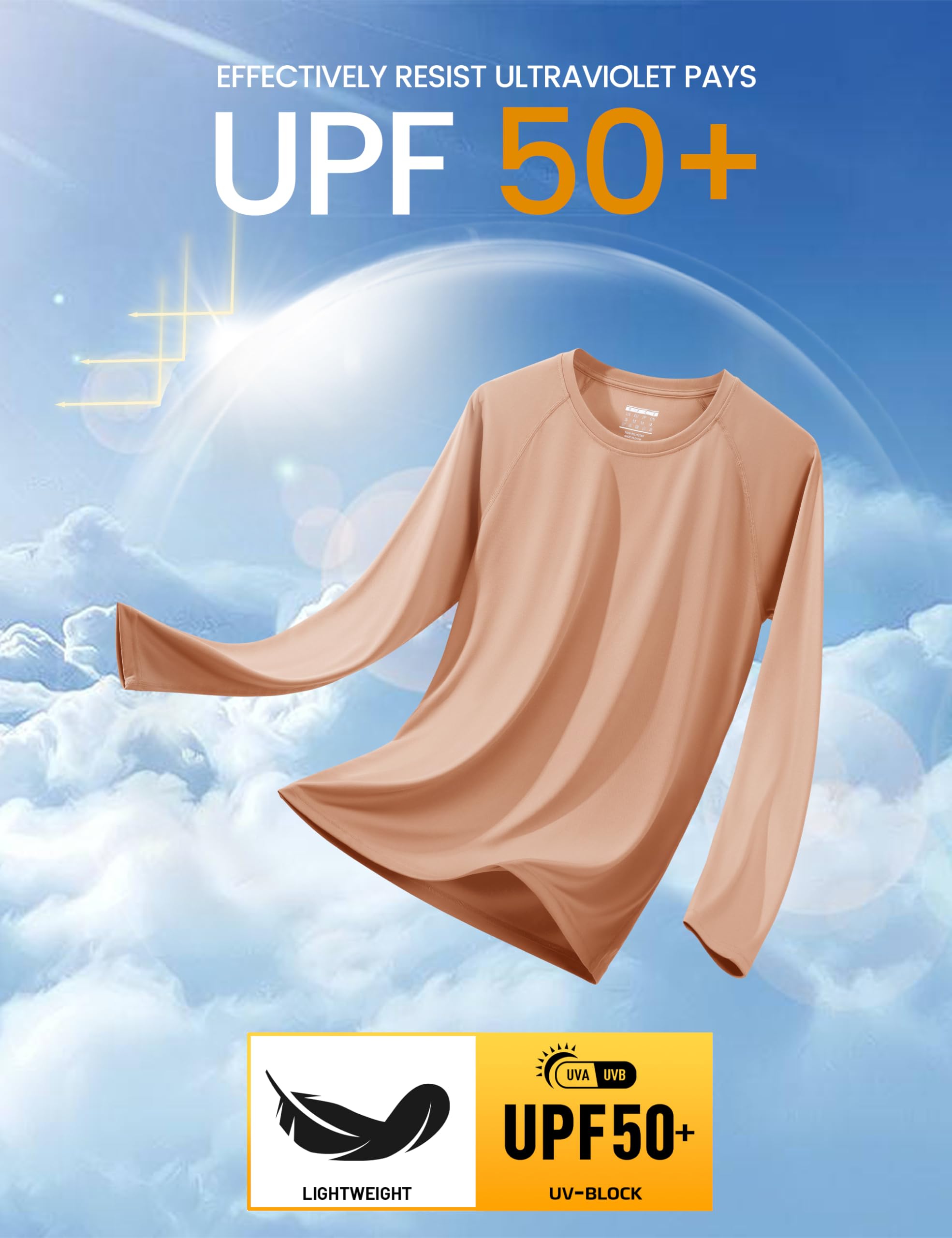 Rashguard Shirts for Men Long Sleeve Sun Protection Shirts Athletic T-Shirt UPF 50 Protection Quick Dry Shirt Fishing Shirts Apricot