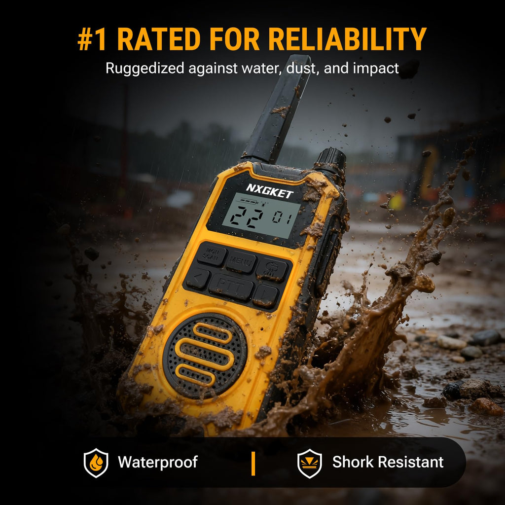 NXGKET Heavy Duty Walkie Talkies Adults, Long Range Two Way Radios, IP67 Waterproof, 2M Drop Proof, NOAA, Rechargeable, Dual PTT, Type C &Dock Charging, Emergency Radio 4 Pack, FCC Certified