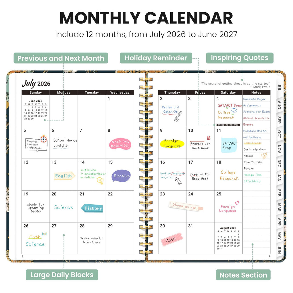 Planner 2026-2027, Monthly and Weekly Academic Planner July 2026 - June 2027, Hardcover Student Teacher Planning Agenda Calendar Book with Tabs, Perfect for Office School Supplies, A4 (8.5" x 11") - Citrus Bloom