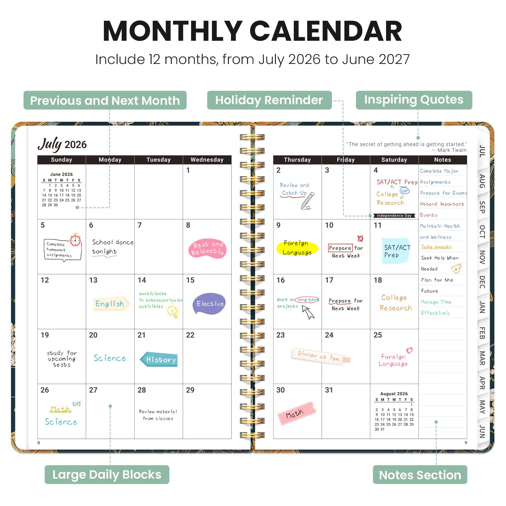 Planner 2026-2027, Monthly and Weekly Academic Planner July 2026 - June 2027, Hardcover Student Teacher Planning Agenda Calendar Book with Tabs, Perfect for Office School Supplies, A4 (8.5" x 11") - Citrus Bloom