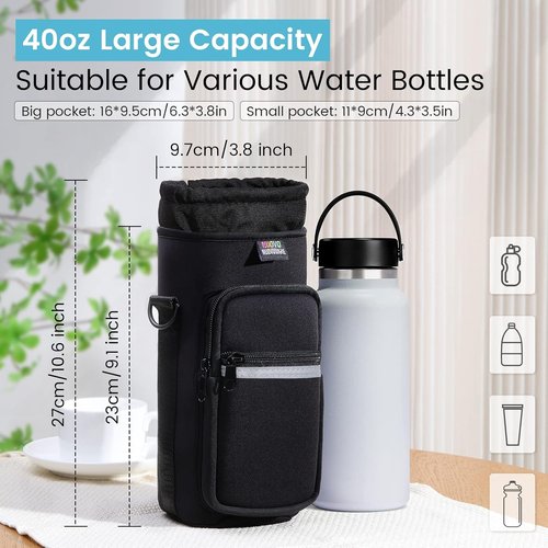 Nuovoware Water Bottle Carrier Bag - Adjustable Neoprene Sleeve with 2 Pockets | Fits 25oz, 40oz, 64oz Bottles