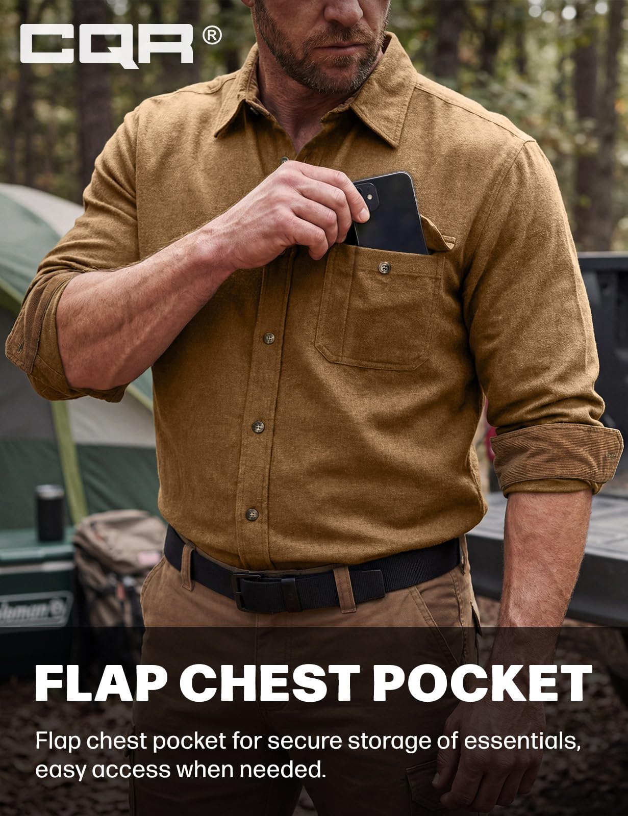 CQR Men's 100% All Cotton Button Down Flannel Shirts, Long Sleeve Brushed Warm Soft Casual Outdoor Plaid Shirt, Corduroy Wheat Brown, X-Small