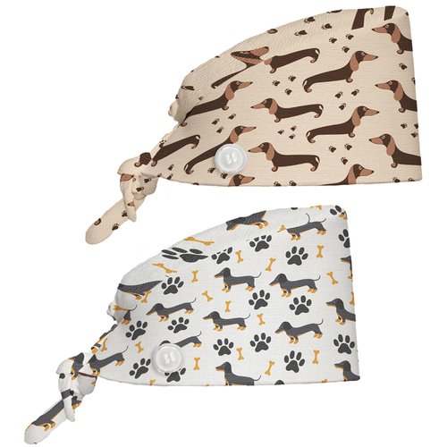 Cute Dachshund Unisex Scrub Cap with Sweatband – Adjustable Tie Back Surgical Hat for Men and Women, 2 Pcs Working Nurse Cap