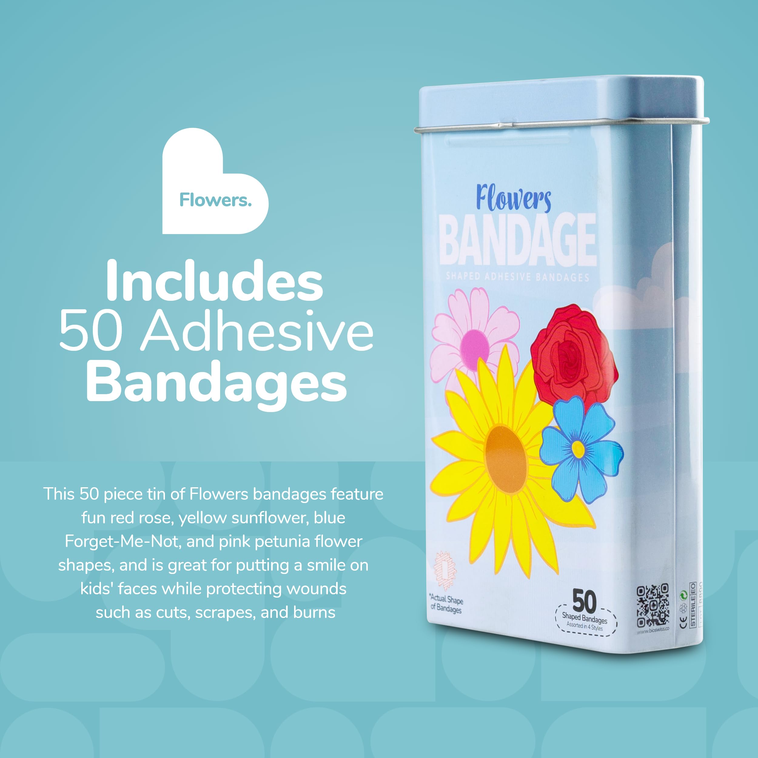 BioSwiss Bandages, Flowers Shaped Self Adhesive Bandage Set, Latex Free, Sterile Wound Care, 50 Count